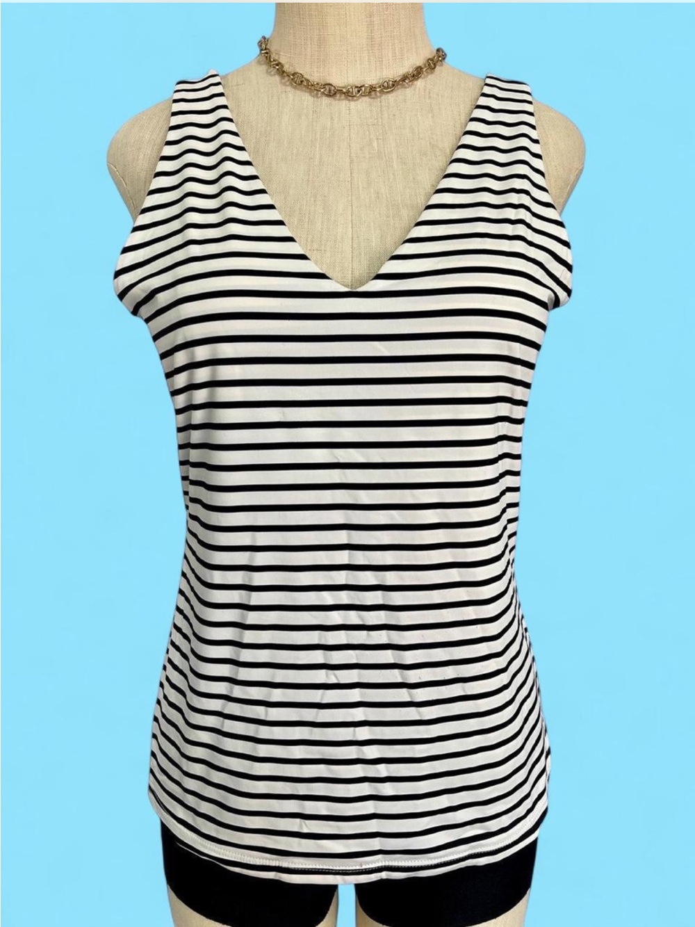 Worthington Black & White Striped V-Neck Tank